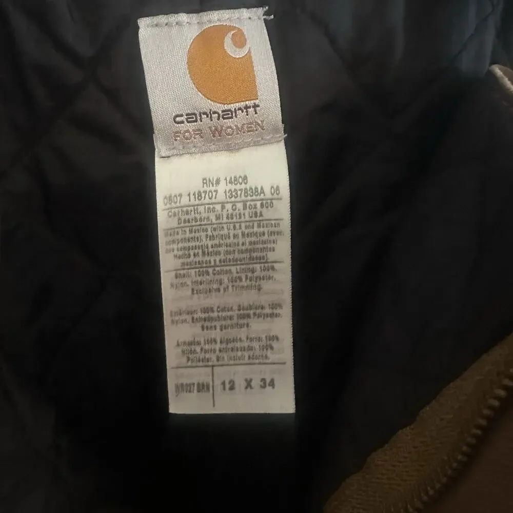 Vintage Carhartt Women's WR027 Quilt Lined Overalls Sandstone Duck Brown 12x34